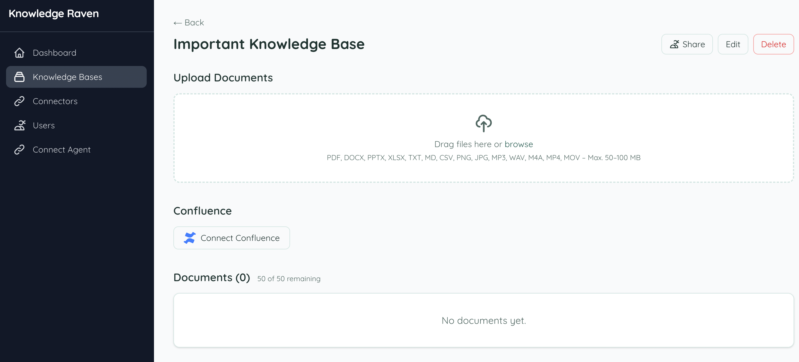 Knowledge Base page with Connect Confluence button