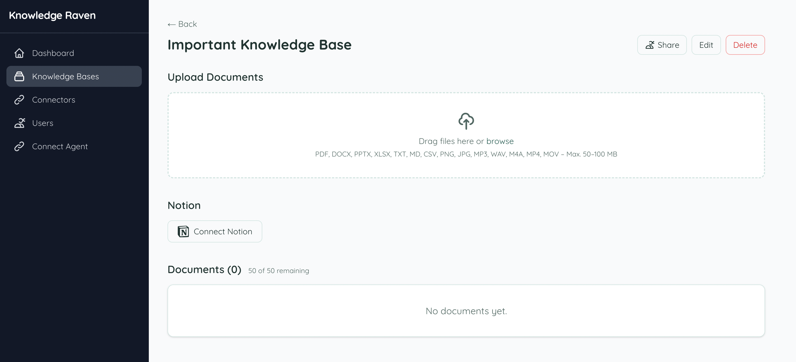 Knowledge Base page with Connect Notion button