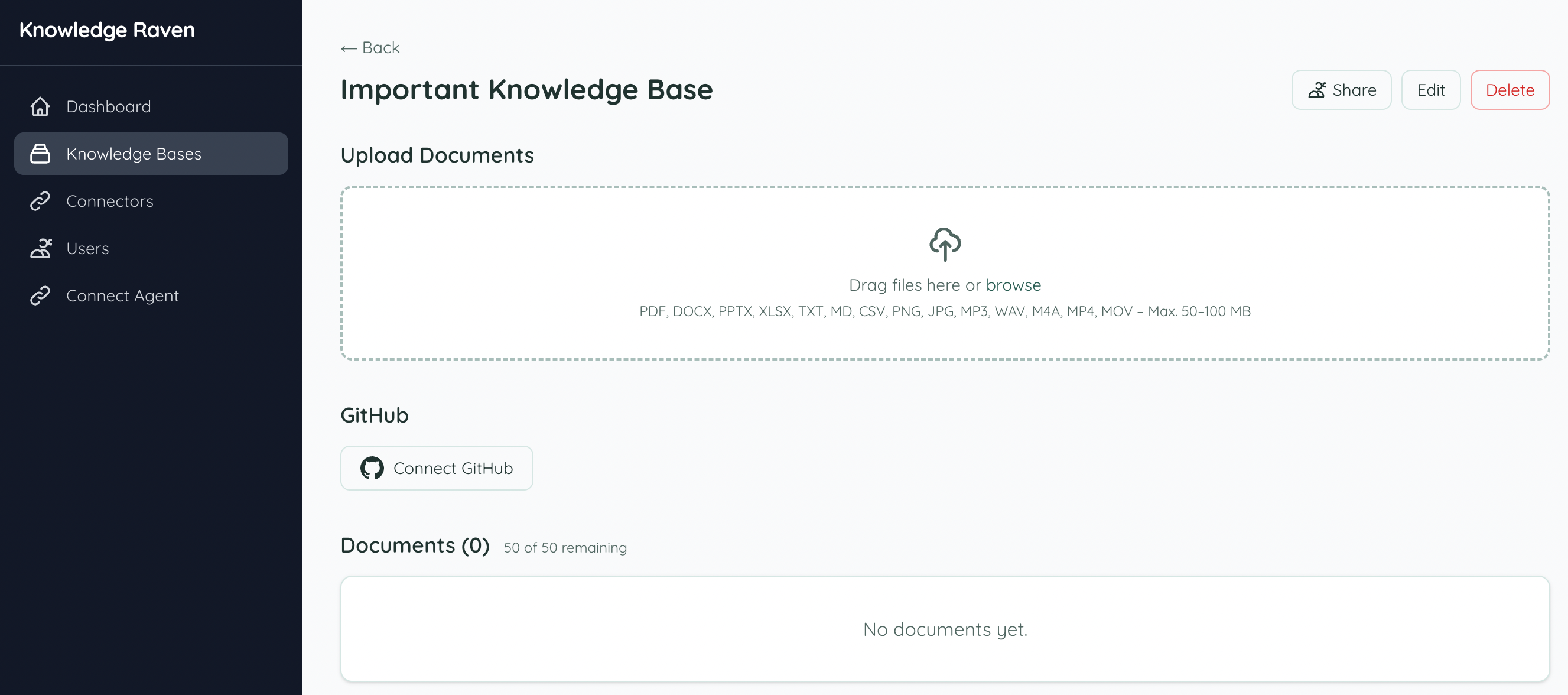 Knowledge Base page with Connect GitHub button