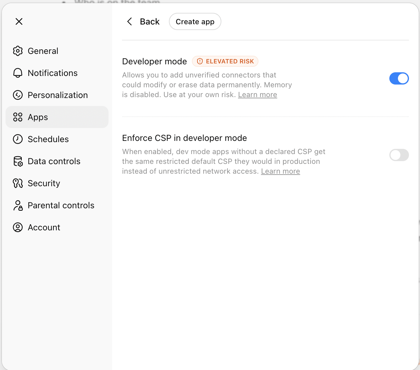 Developer mode toggle