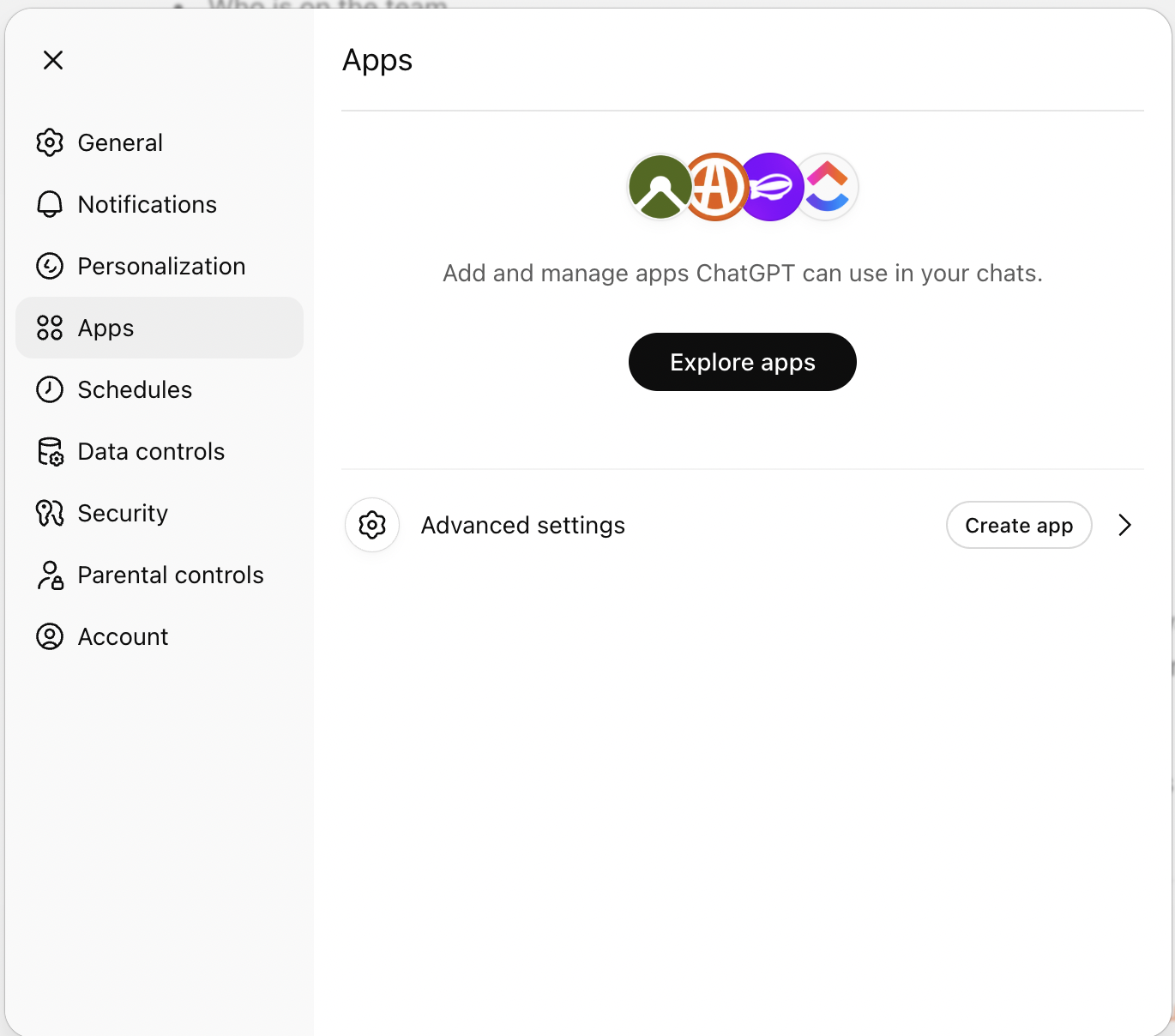 Apps tab with Create app button
