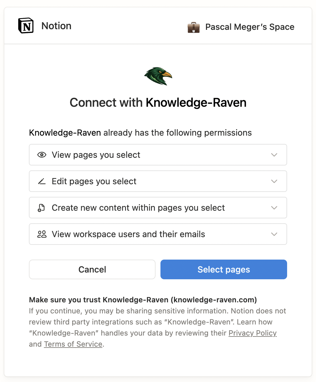 Notion OAuth authorization page