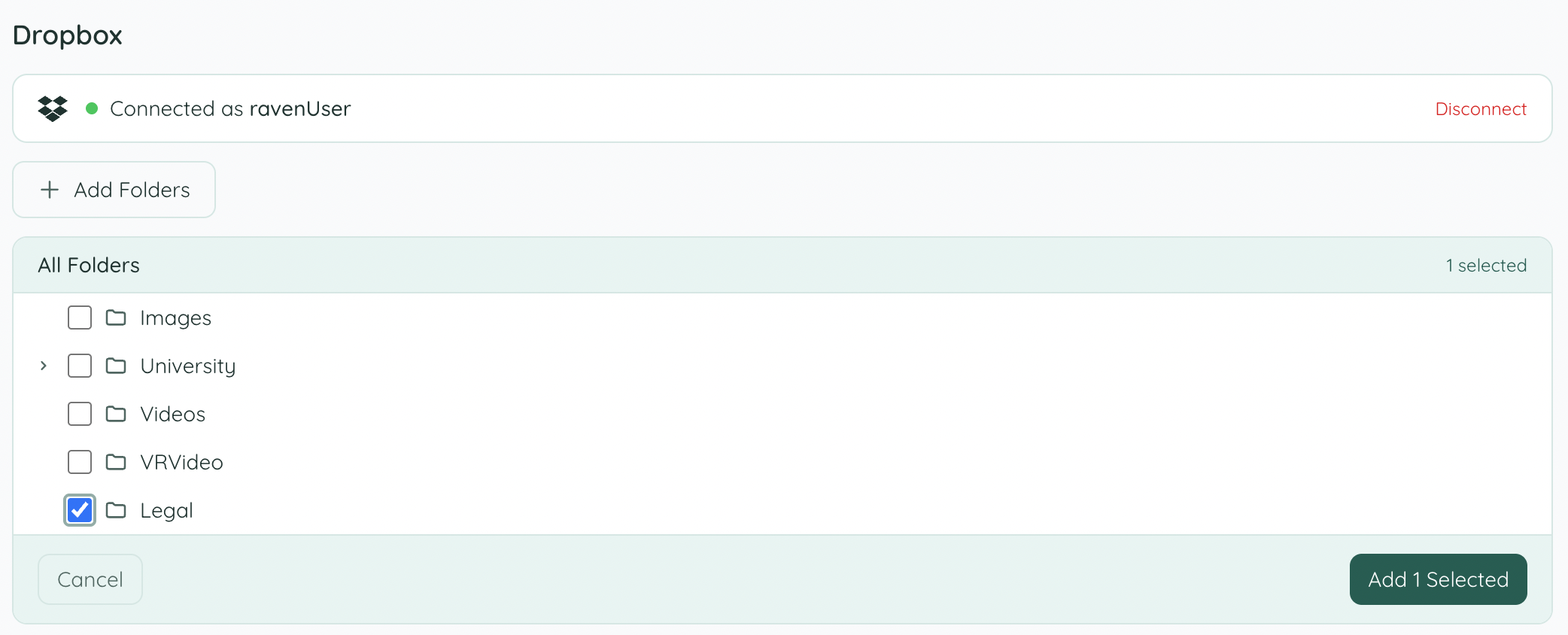 Folder selector showing Dropbox folders
