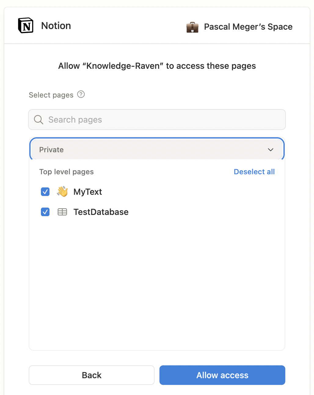 Notion page selector with pages and databases