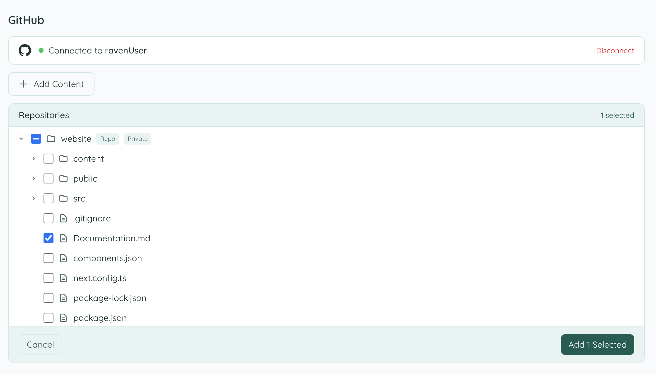 Repository file tree with content selection