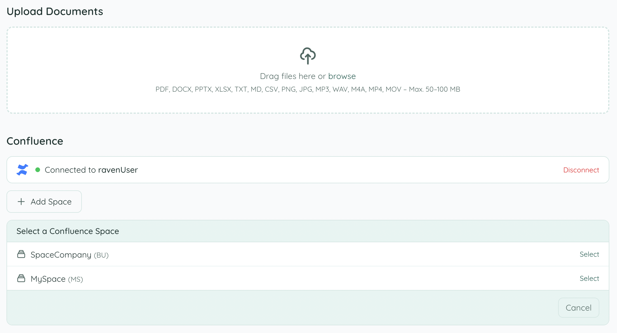 Space selector showing available Confluence spaces