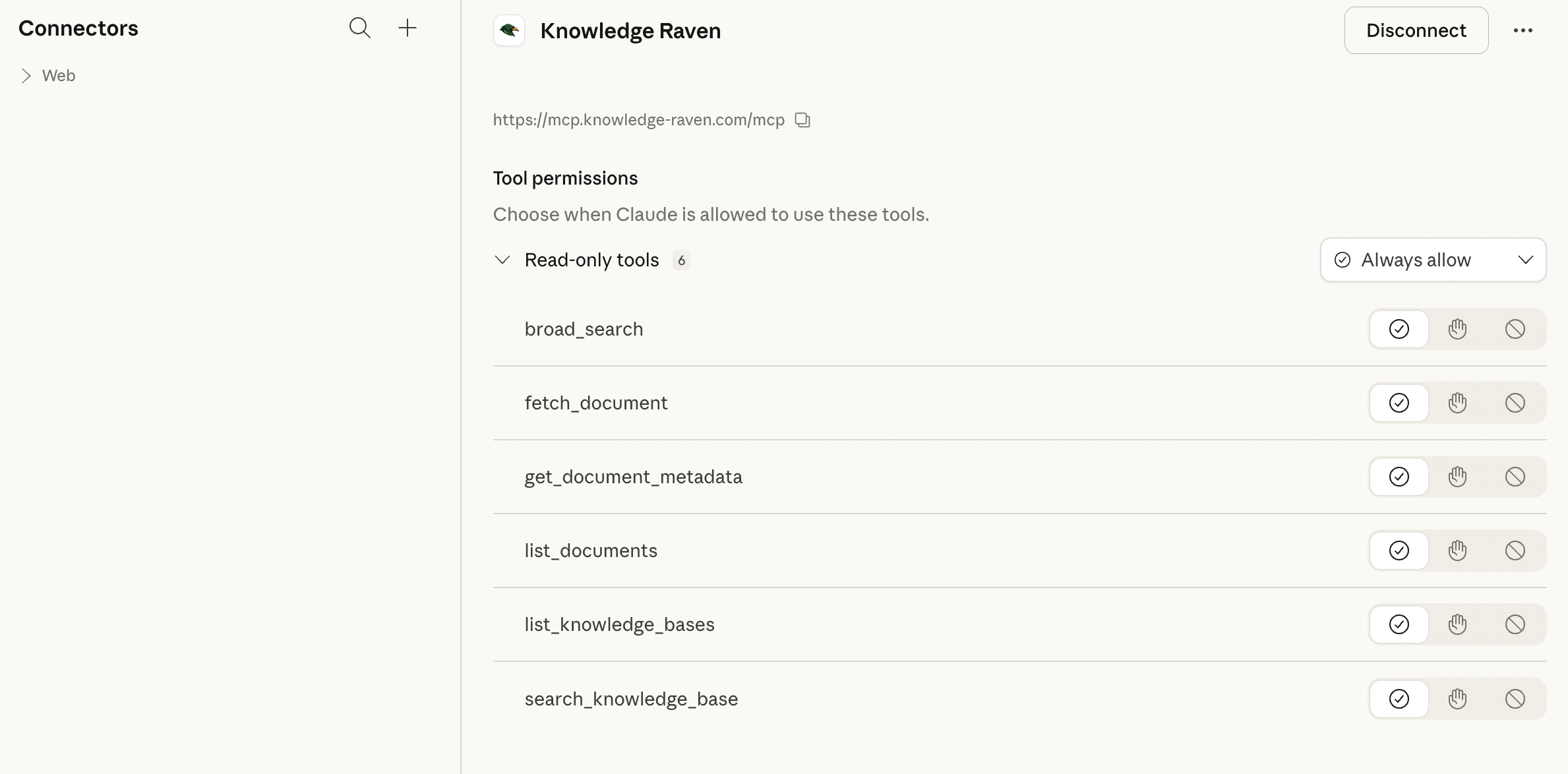 Connected — all 6 tools listed