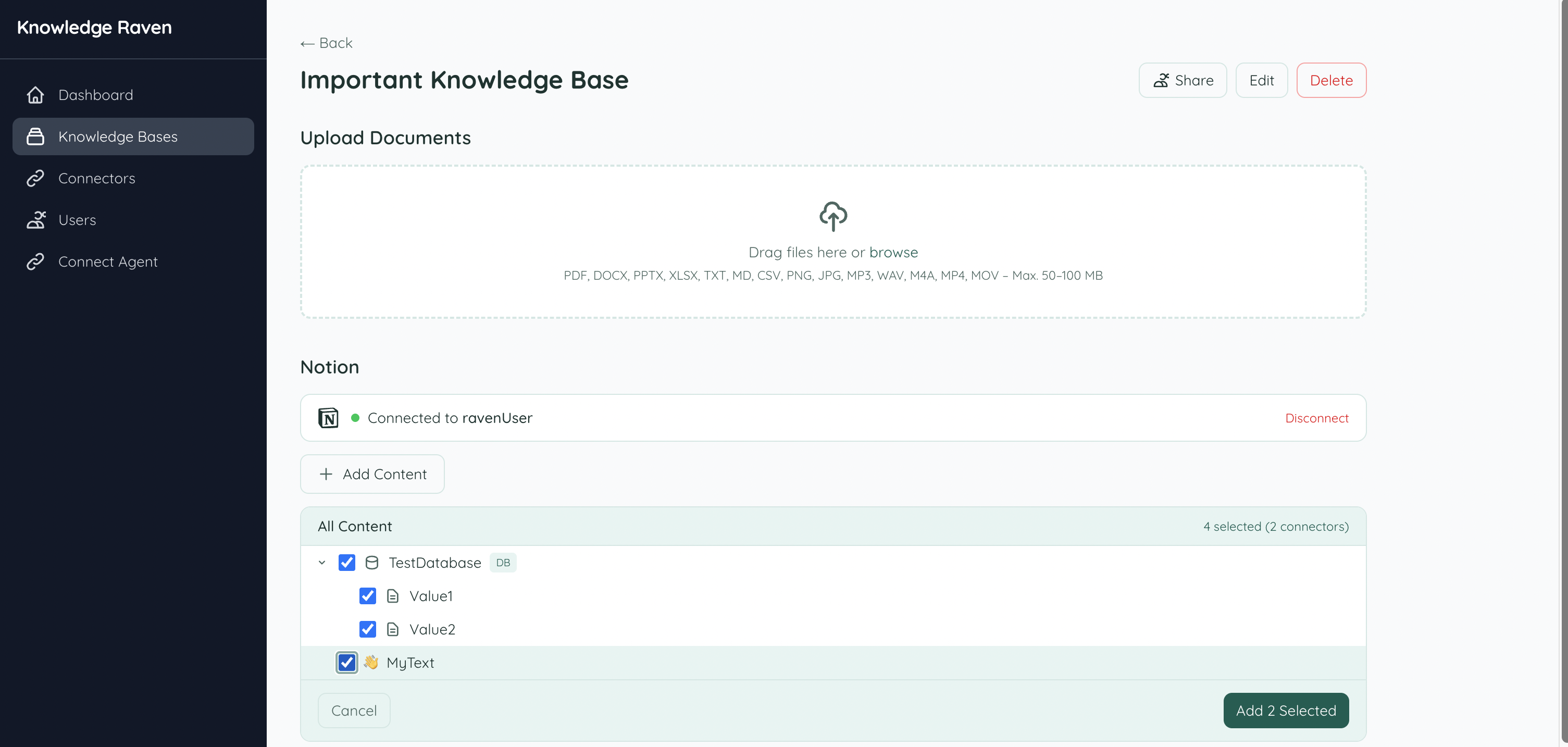 Content selector showing Notion pages and databases