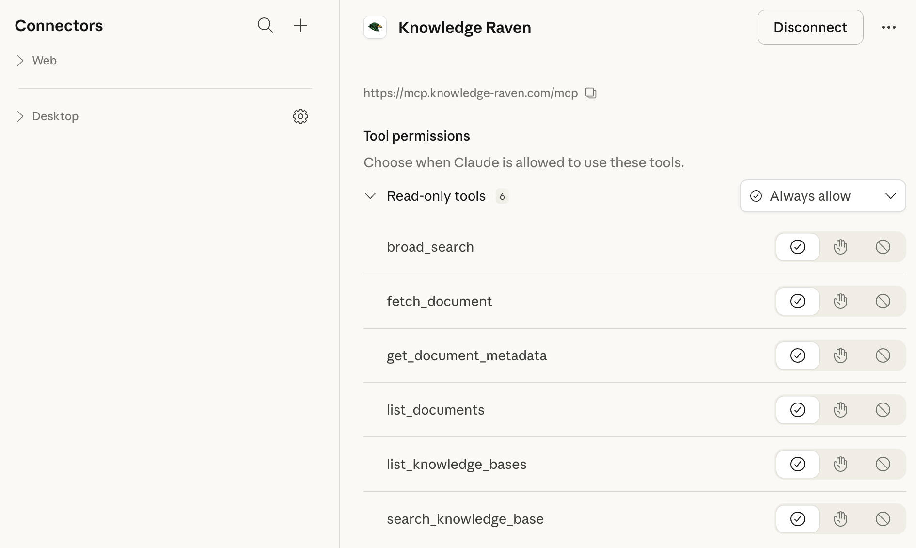 Connected — all 6 tools listed
