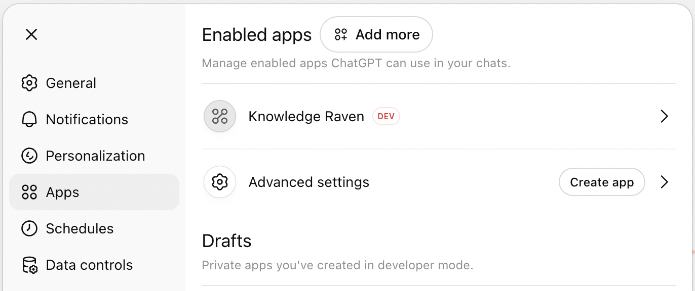 Enabled apps showing Knowledge Raven